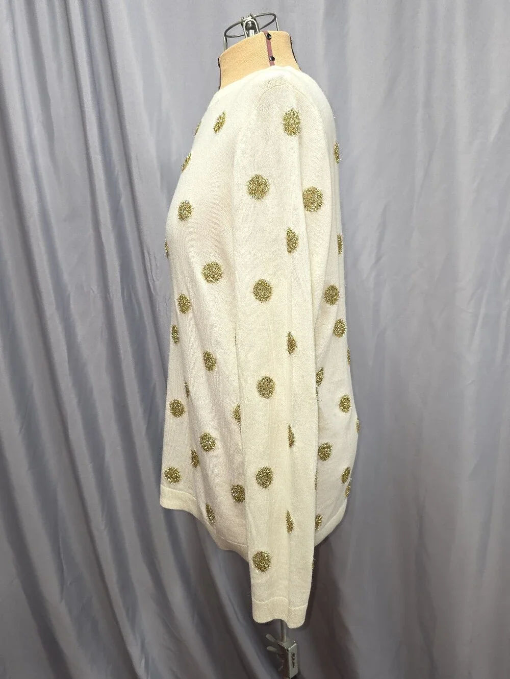Talbot's Women's Cream Crewneck Sweater with Gold Tinsel Pom-Pom Dots
